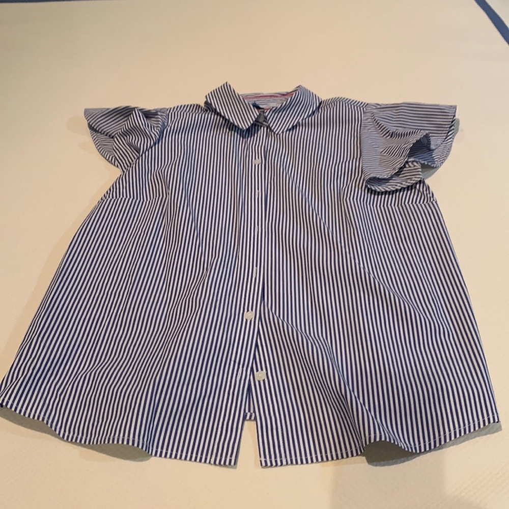 Blue & White striped button front shirt by Draper James with flutter sleeve